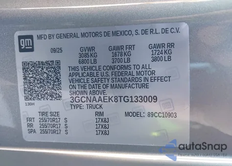 2026 Chevrolet Silverado 1500 2Wd Long Bed Wt z USA, uszkodzony, nr VIN 3GCNAAEK8TG133009